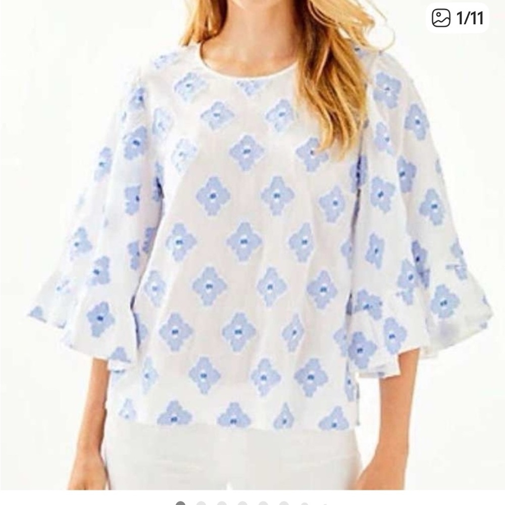 Lilly Pulitzer Light Blue and White Floral Bell-Sleeve Blouse medium